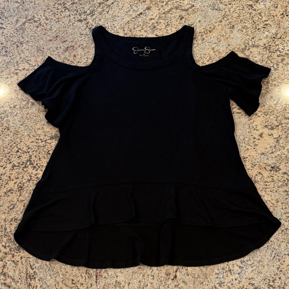 Jessica Simpson Black Cold Shoulder Flutter Sleeve Hi Low Tee